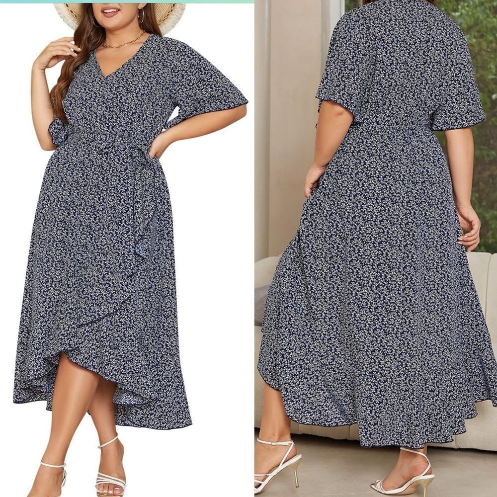 Keluummi micro Floral Maxi Wrap Dress Empire Waist flutter ruffle v neck plus 24